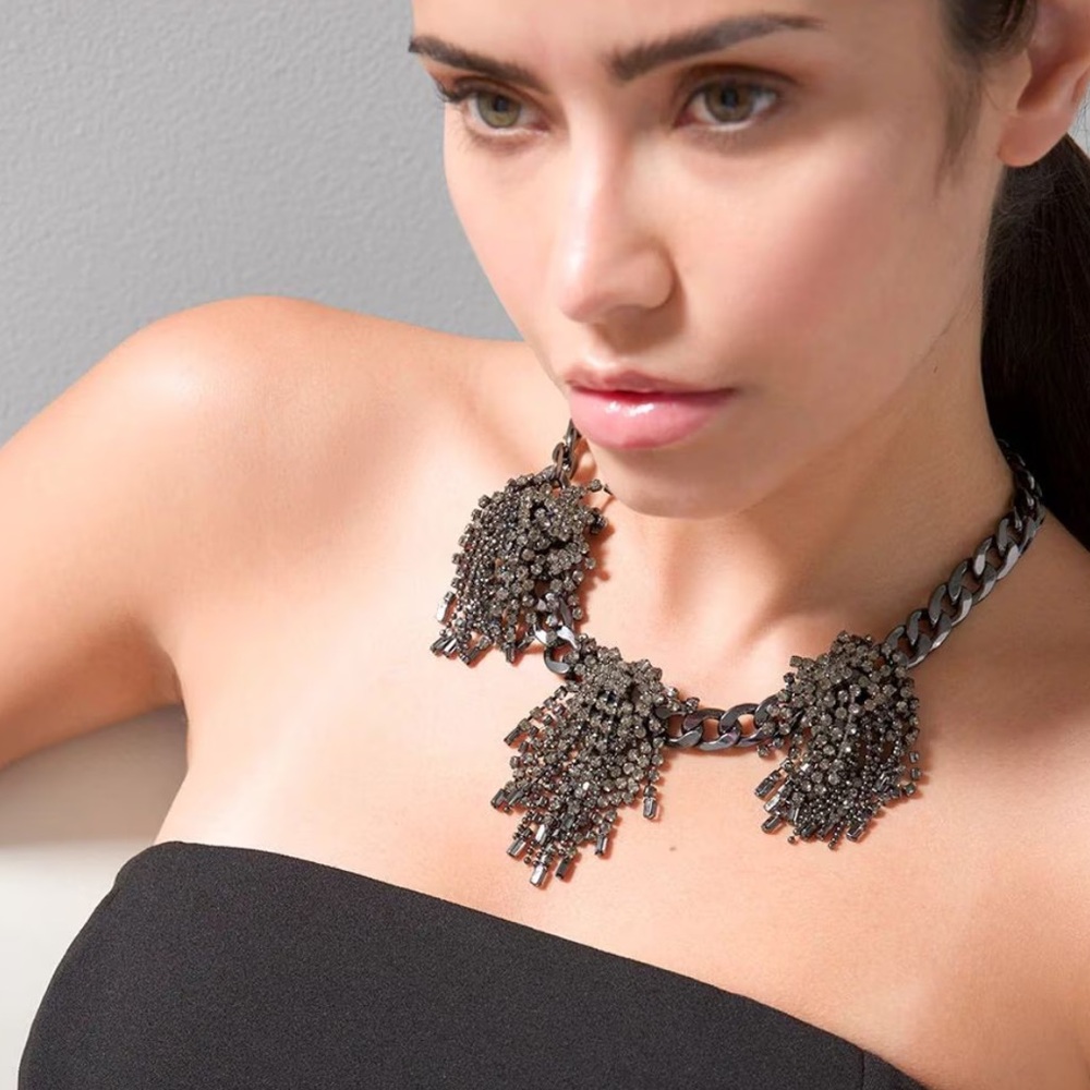 WHBM Elegant Hematite Fringe Necklace